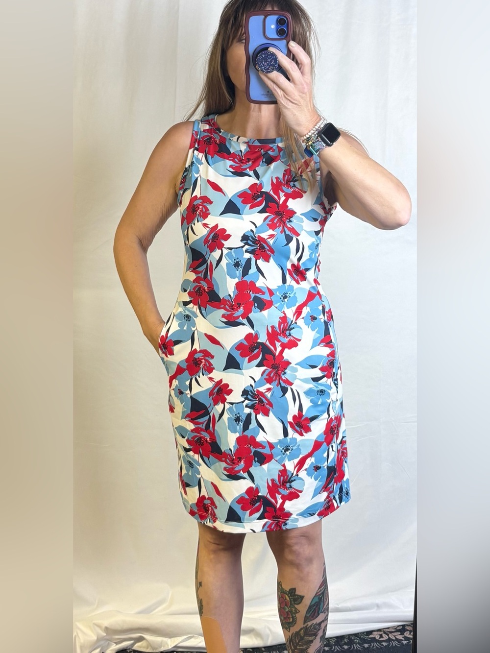 Columbia White Shift Dress with Red & Blue Floral Print